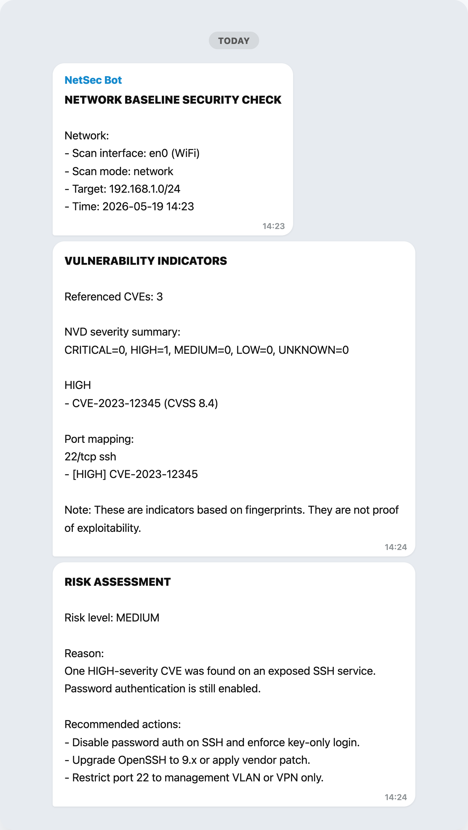 Network security baseline Telegram alert report